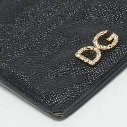 Pre Owned Dolce & Gabbana DG Crystal Logo Black Leather Zip Card Holder