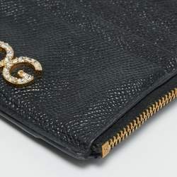 Pre Owned Dolce & Gabbana DG Crystal Logo Black Leather Zip Card Holder