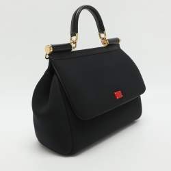 Pre Owned Dolce & Gabbana Miss Sicily Medium Black Leather and Neoprene Top Handle