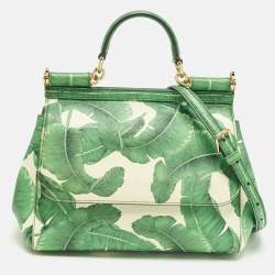 مملوكة مسبقًا Dolce & Gabbana Miss Sicily Medium Green/White Leather Banana Leaf Print Top Handle Bag