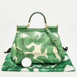 مملوكة مسبقًا Dolce & Gabbana Miss Sicily Medium Green/White Leather Banana Leaf Print Top Handle Bag