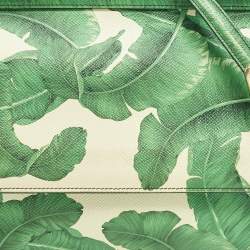 مملوكة مسبقًا Dolce & Gabbana Miss Sicily Medium Green/White Leather Banana Leaf Print Top Handle Bag