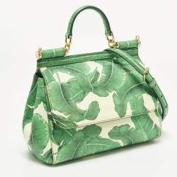 مملوكة مسبقًا Dolce & Gabbana Miss Sicily Medium Green/White Leather Banana Leaf Print Top Handle Bag