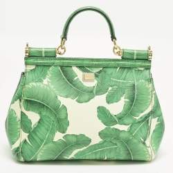 مملوكة مسبقًا Dolce & Gabbana Miss Sicily Medium Green/White Leather Banana Leaf Print Top Handle Bag