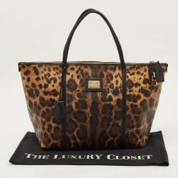 Pre Owned حقيبة دولتشي أند غابانا ميس إسكيب قماش مطلي بنقشة الفهد بني/أسود بسحاب