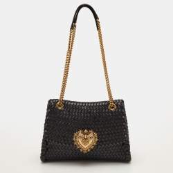 Pre Owned Dolce & Gabbana Devotion Black Woven Leather Flap Shoulder Bag
