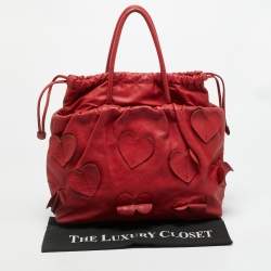 Pre Owned Dolce & Gabbana Heart Applique Red Leather Drawstring Tote