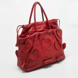 Pre Owned Dolce & Gabbana Heart Applique Red Leather Drawstring Tote