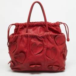 Pre Owned Dolce & Gabbana Heart Applique Red Leather Drawstring Tote