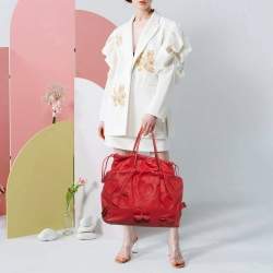 Pre Owned Dolce & Gabbana Heart Applique Red Leather Drawstring Tote