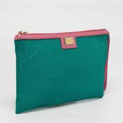 مملوكة مسبقًا Dolce & Gabbana Green/Pink Woven PVC Wristlet Zip Pouch