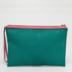مملوكة مسبقًا Dolce & Gabbana Green/Pink Woven PVC Wristlet Zip Pouch