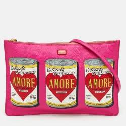 Pre Owned Dolce & Gabbana Amore Soup Can Print Pink Leather Zip Crossbody Bag