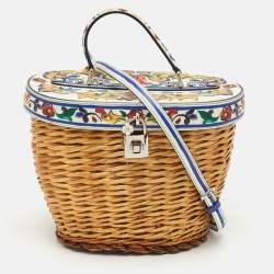 Pre Owned Dolce & Gabbana Dauphin Print Multicolor Leather and Wicker Basket Top Handle Bag