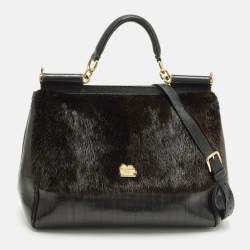 Pre Owned Dolce & Gabbana  Miss Sicily Large Black/Brown Eel Leather and Mink Fur Top Handle Bag