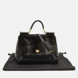 Pre Owned Dolce & Gabbana  Miss Sicily Large Black/Brown Eel Leather and Mink Fur Top Handle Bag
