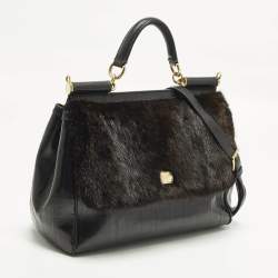 Pre Owned Dolce & Gabbana  Miss Sicily Large Black/Brown Eel Leather and Mink Fur Top Handle Bag
