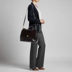 Pre Owned Dolce & Gabbana  Miss Sicily Large Black/Brown Eel Leather and Mink Fur Top Handle Bag