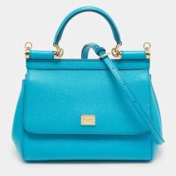 Pre Owned Dolce & Gabbana Miss Sicily Small Turquoise Blue Leather Top Handle Bag