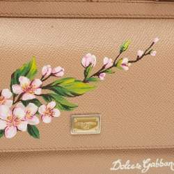 Pre Owned Dolce & Gabbana Floral Print Miss Sicily Beige Leather Top Handle Bag