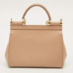 Pre Owned Dolce & Gabbana Floral Print Miss Sicily Beige Leather Top Handle Bag