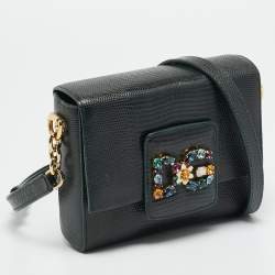 Pre Owned Dolce & Gabbana DG Millennials Dark Green Lizard Embossed Leather Flap Crossbody Bag