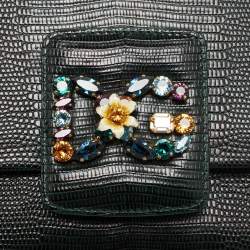 Pre Owned Dolce & Gabbana DG Millennials Dark Green Lizard Embossed Leather Flap Crossbody Bag