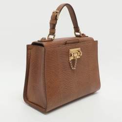 Pre Owned Dolce & Gabbana Miss Monica Medium Brown Lizard Embossed Leather Top Handle Bag