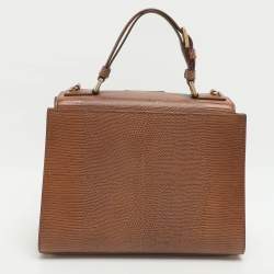 Pre Owned Dolce & Gabbana Miss Monica Medium Brown Lizard Embossed Leather Top Handle Bag