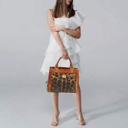 مملوكة مسبقًا حقيبة ساتشيل دولتشي أند غابانا قماش و جلد مطلي بطبعة الفهد بنية بسحاب