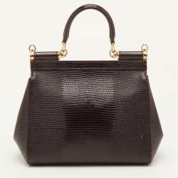 Pre Owned حقيبة دولتشي أند غابانا ميس سيسيلي صغيرة مرصعة كريستال يد علوية جلد نقشة السحلية عنابي داكن