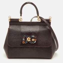 Pre Owned حقيبة دولتشي أند غابانا ميس سيسيلي صغيرة مرصعة كريستال يد علوية جلد نقشة السحلية عنابي داكن