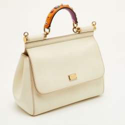 Pre Owned Dolce & Gabbana Miss Sicily Medium White Leather Top Handle Bag