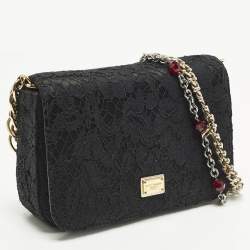 Pre Owned Dolce & Gabbana Black Lace Mini Jewel Chain Flap Bag