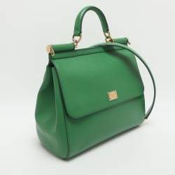 Pre Owned Dolce & Gabbana Miss Sicily Large Green Leather Top Handle Bag