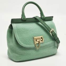 Pre Owned Dolce & Gabbana Miss Monica Green Leather and Raffia Top Handle Bag