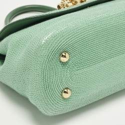 Pre Owned Dolce & Gabbana Miss Monica Green Leather and Raffia Top Handle Bag