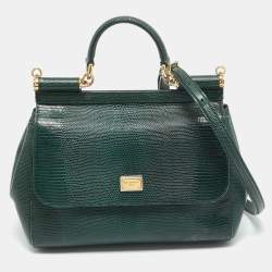 Pre Owned Dolce & Gabbana Miss Sicily Medium Green Lizard Embossed Leather Top Handle Bag