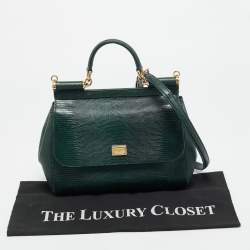 Pre Owned Dolce & Gabbana Miss Sicily Medium Green Lizard Embossed Leather Top Handle Bag