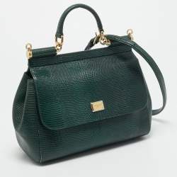 Pre Owned Dolce & Gabbana Miss Sicily Medium Green Lizard Embossed Leather Top Handle Bag