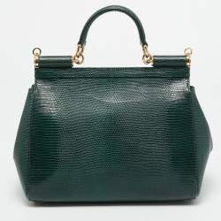 Pre Owned Dolce & Gabbana Miss Sicily Medium Green Lizard Embossed Leather Top Handle Bag