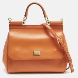 Pre Owned Dolce & Gabbana Miss Sicily Medium Orange Leather Top Handle Bag