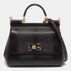 Pre Owned Dolce & Gabbana DG Crystal Sicily Medium Dark Burgundy Lizard Embossed Leather Top Handle Bag