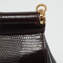 Pre Owned Dolce & Gabbana DG Crystal Sicily Medium Dark Burgundy Lizard Embossed Leather Top Handle Bag