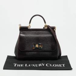 Pre Owned Dolce & Gabbana DG Crystal Sicily Medium Dark Burgundy Lizard Embossed Leather Top Handle Bag