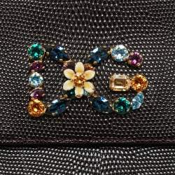 Pre Owned Dolce & Gabbana DG Crystal Sicily Medium Dark Burgundy Lizard Embossed Leather Top Handle Bag