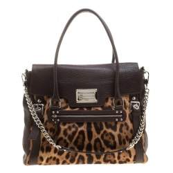 Pre Owned Dolce & Gabbana Dark Brown Leopard Print Leather and Calf Hair Top Handle Bag
