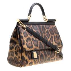 Pre Owned Dolce & Gabbana Brown Leopard Print Coated Canvas Large Miss Sicily Top Handle Bag