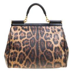 Pre Owned Dolce & Gabbana Brown Leopard Print Coated Canvas Large Miss Sicily Top Handle Bag