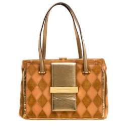 Pre Owned Dolce & Gabbana Peach/Gold Quilted Stitch Leather and Suede Frame Bag 